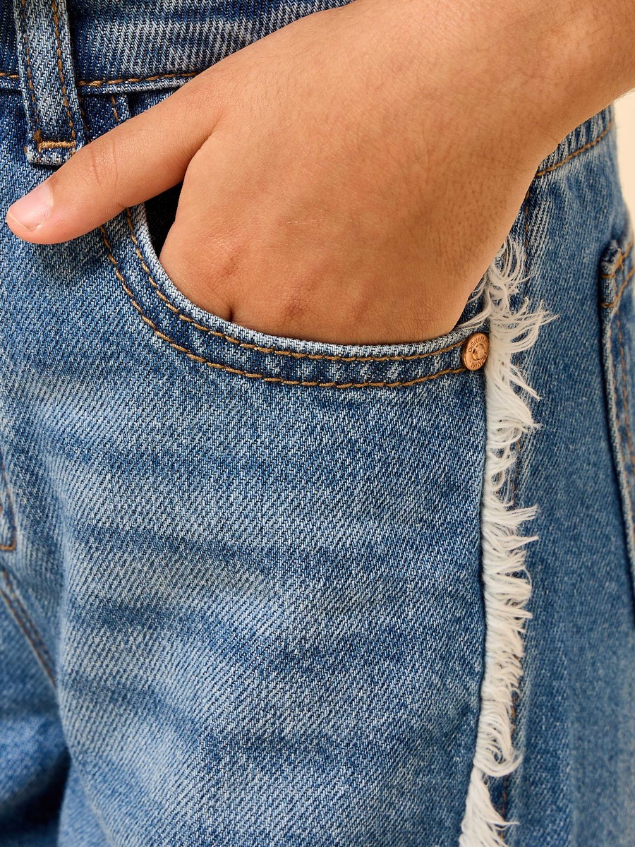 بنطلون جينز قطن واسع الساق بقصة كشكش