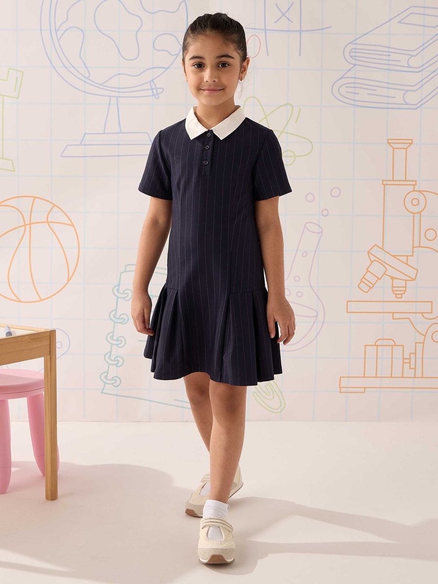 Striped Drop Waist Dress with Contrast Collar