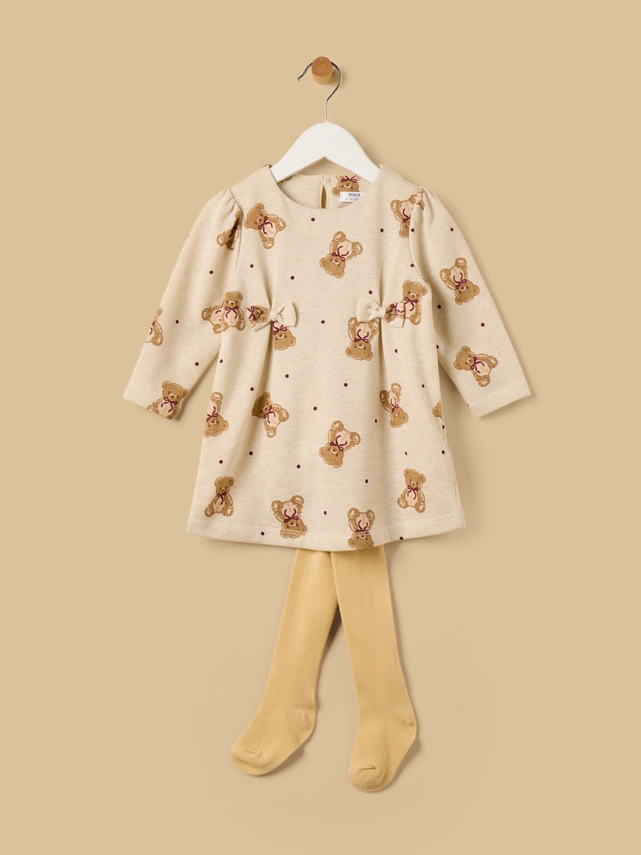 Teddy Bear Print Dress with Tights