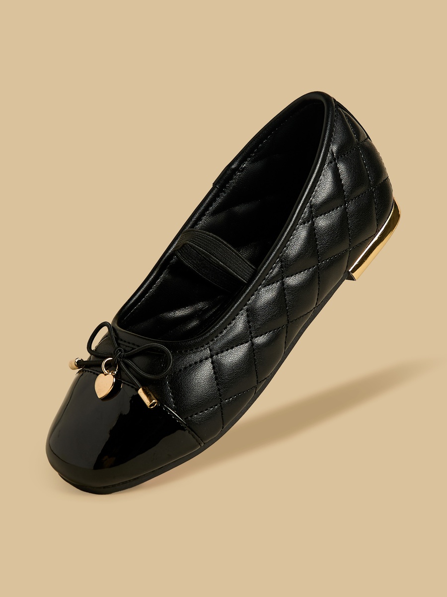 Quilted Bow Accent Ballerina Shoes with Elasticated Strap
