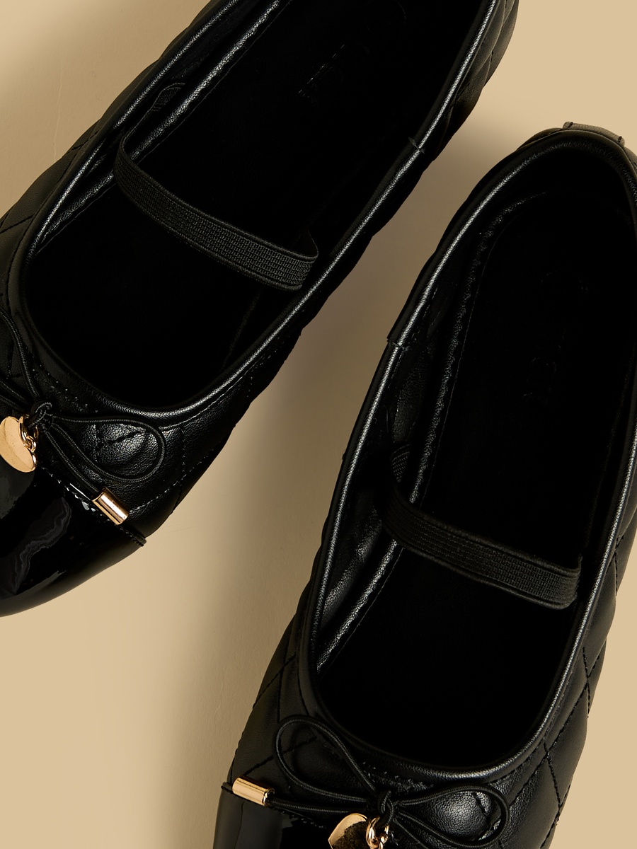 Quilted Bow Accent Ballerina Shoes with Elasticated Strap
