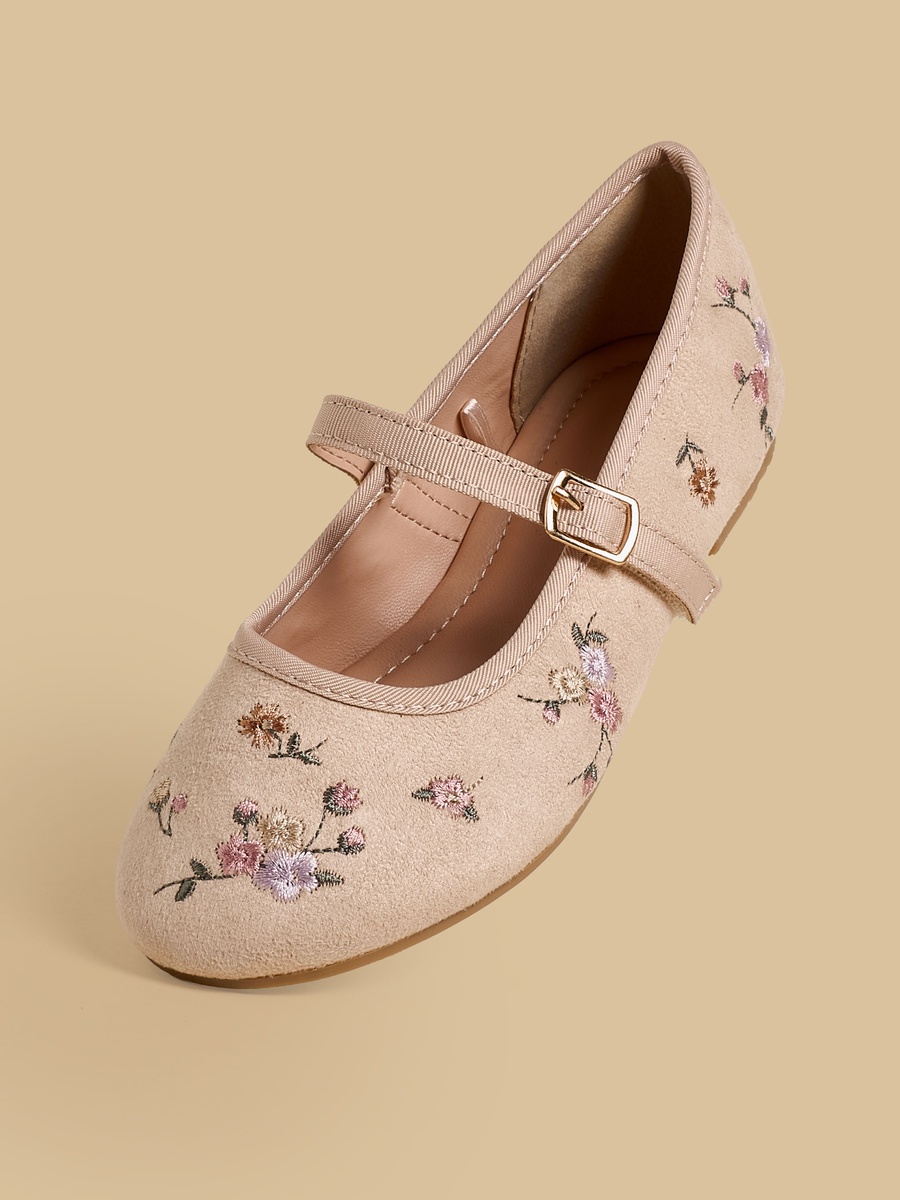 Embroidered Mary Jane Shoes with Buckle Closure