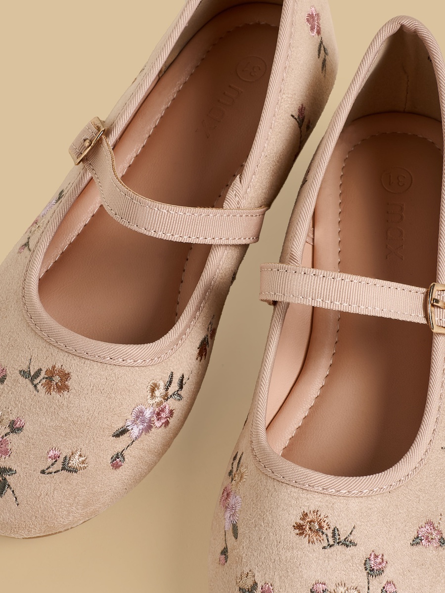 Embroidered Mary Jane Shoes with Buckle Closure