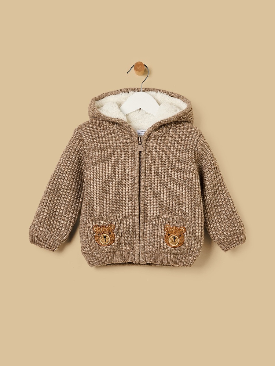 Bear Embroidered Fur Lined Zip Through Cardigan