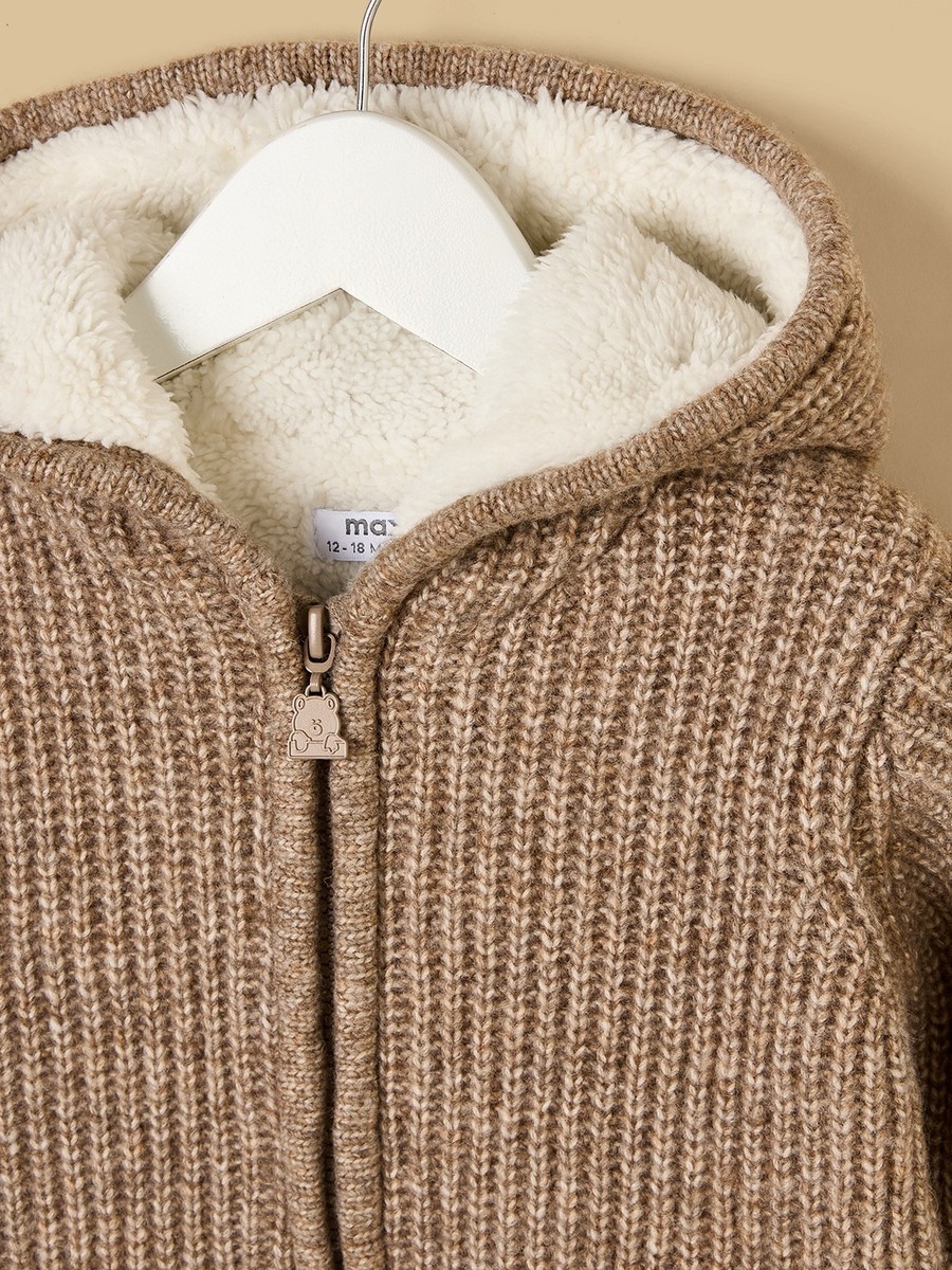 Bear Embroidered Fur Lined Zip Through Cardigan