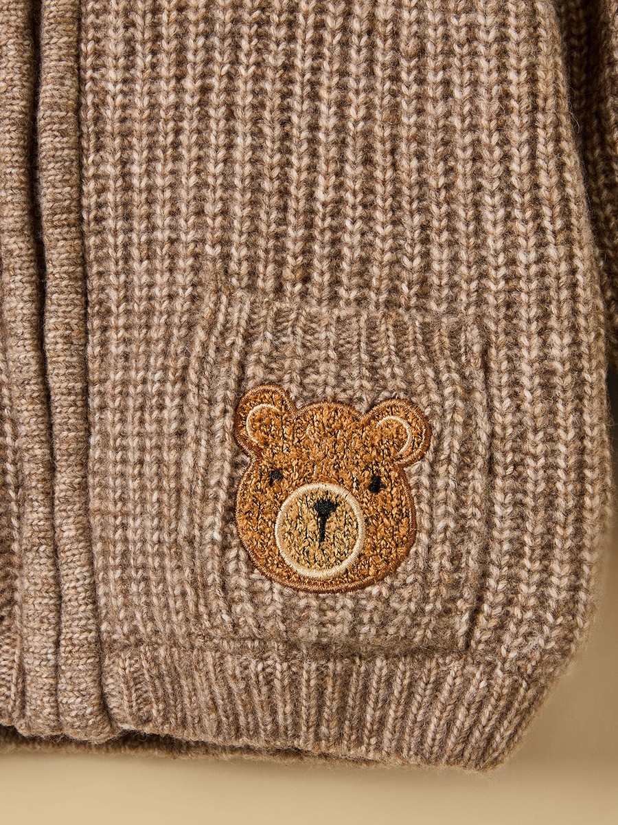 Bear Embroidered Fur Lined Zip Through Cardigan
