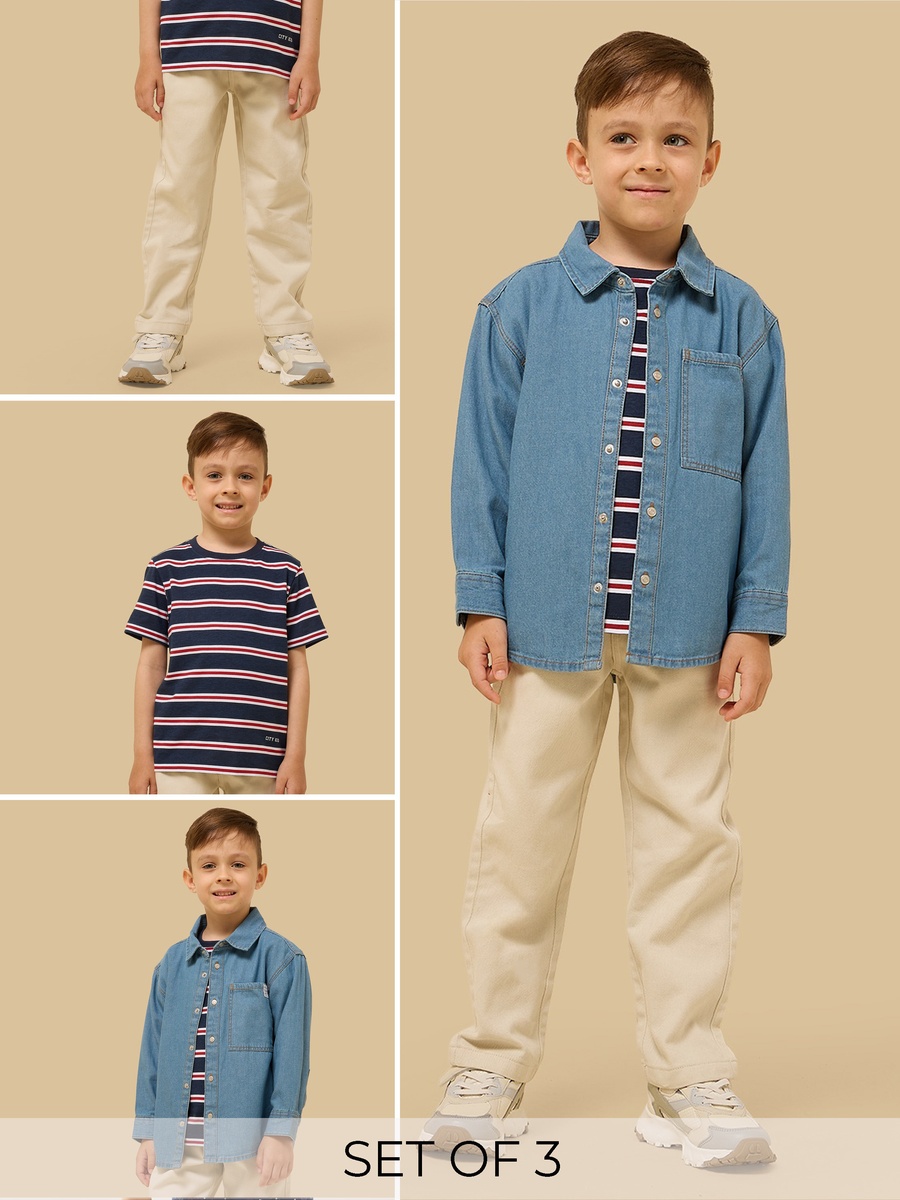 Striped T-Shirt with Denim Shirt and Trousers