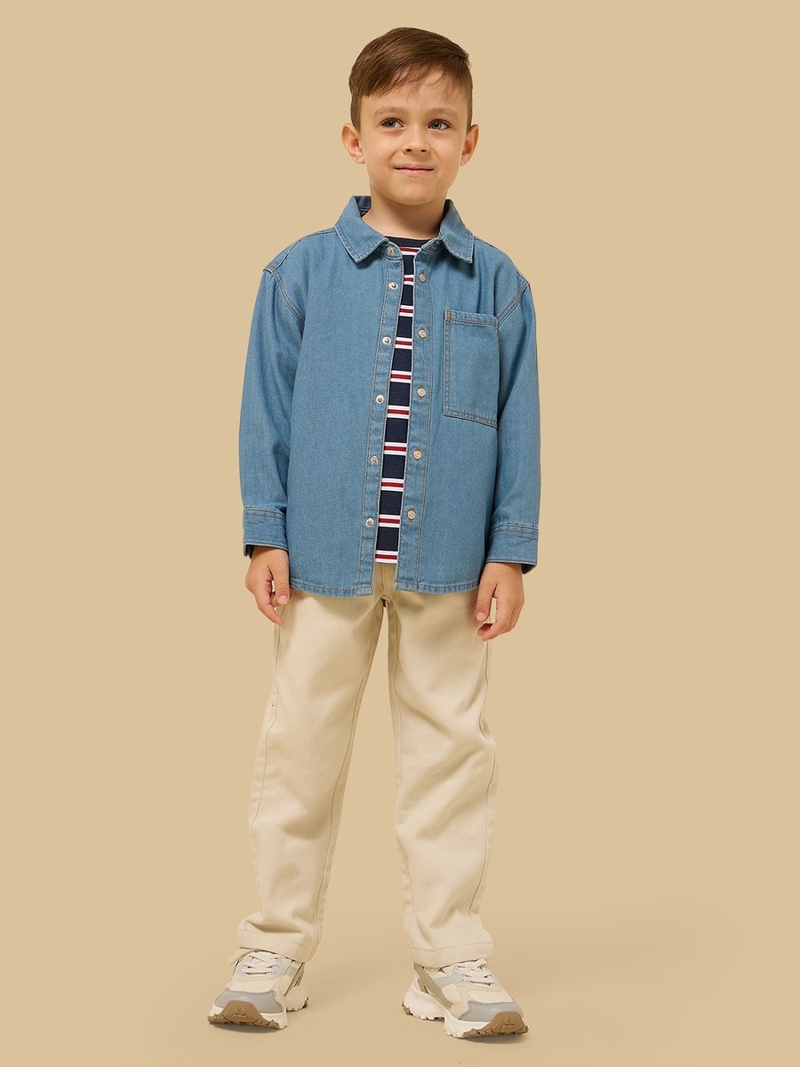 Striped T-Shirt with Denim Shirt and Trousers