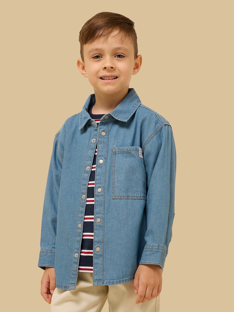 Striped T-Shirt with Denim Shirt and Trousers