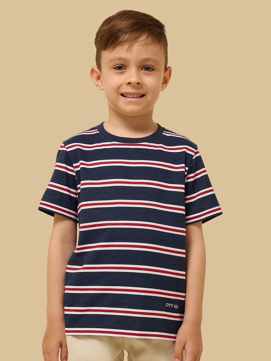 Striped T-Shirt with Denim Shirt and Trousers