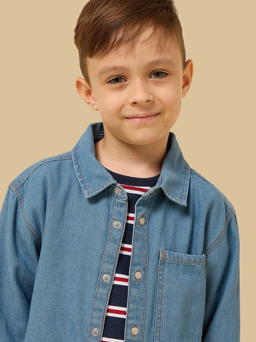 Striped T-Shirt with Denim Shirt and Trousers