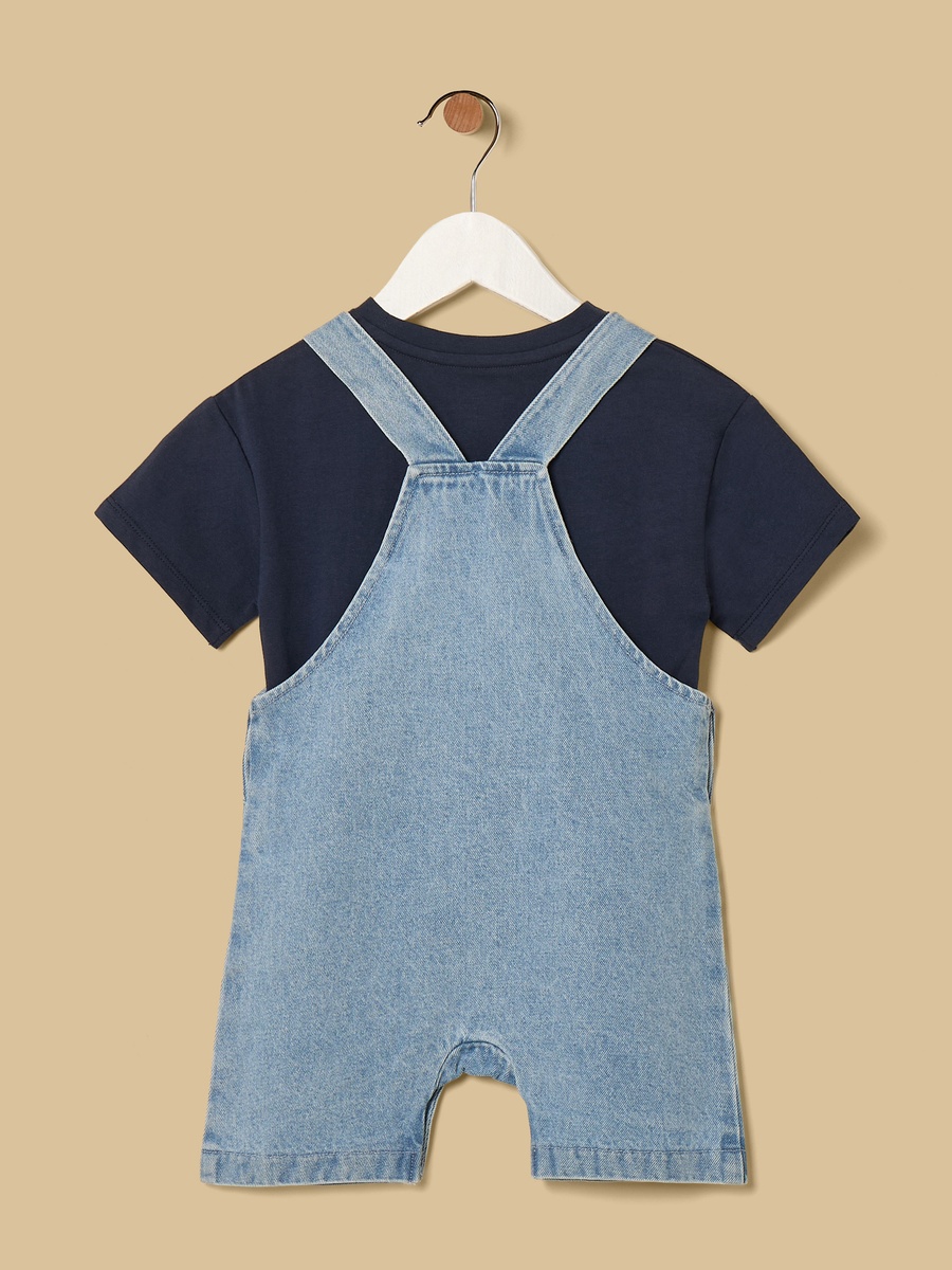 Mickey Mouse Print Denim Dungaree with T-Shirt