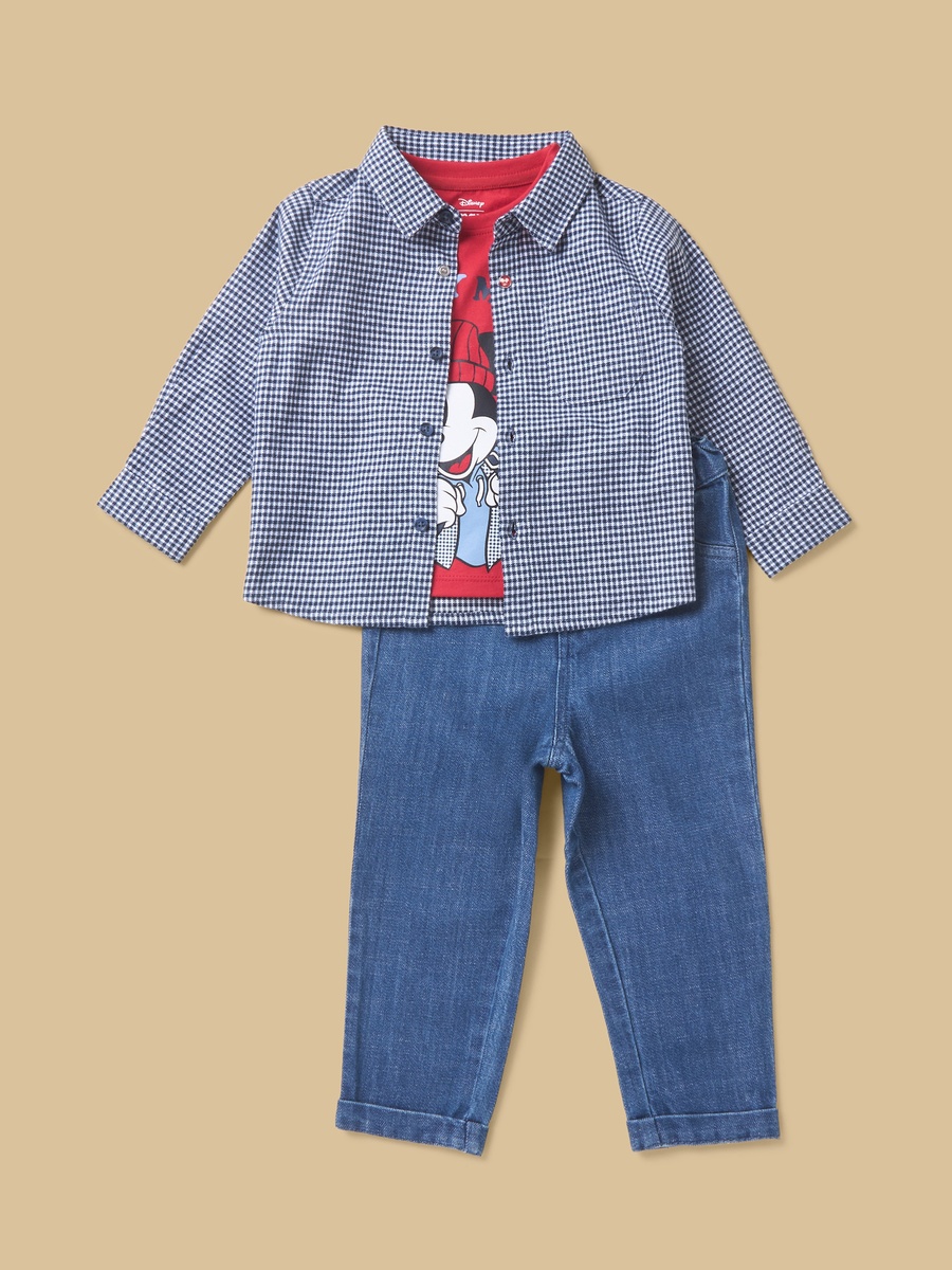 Mickey Mouse Print T-Shirt with Checked Shirt and Jeans