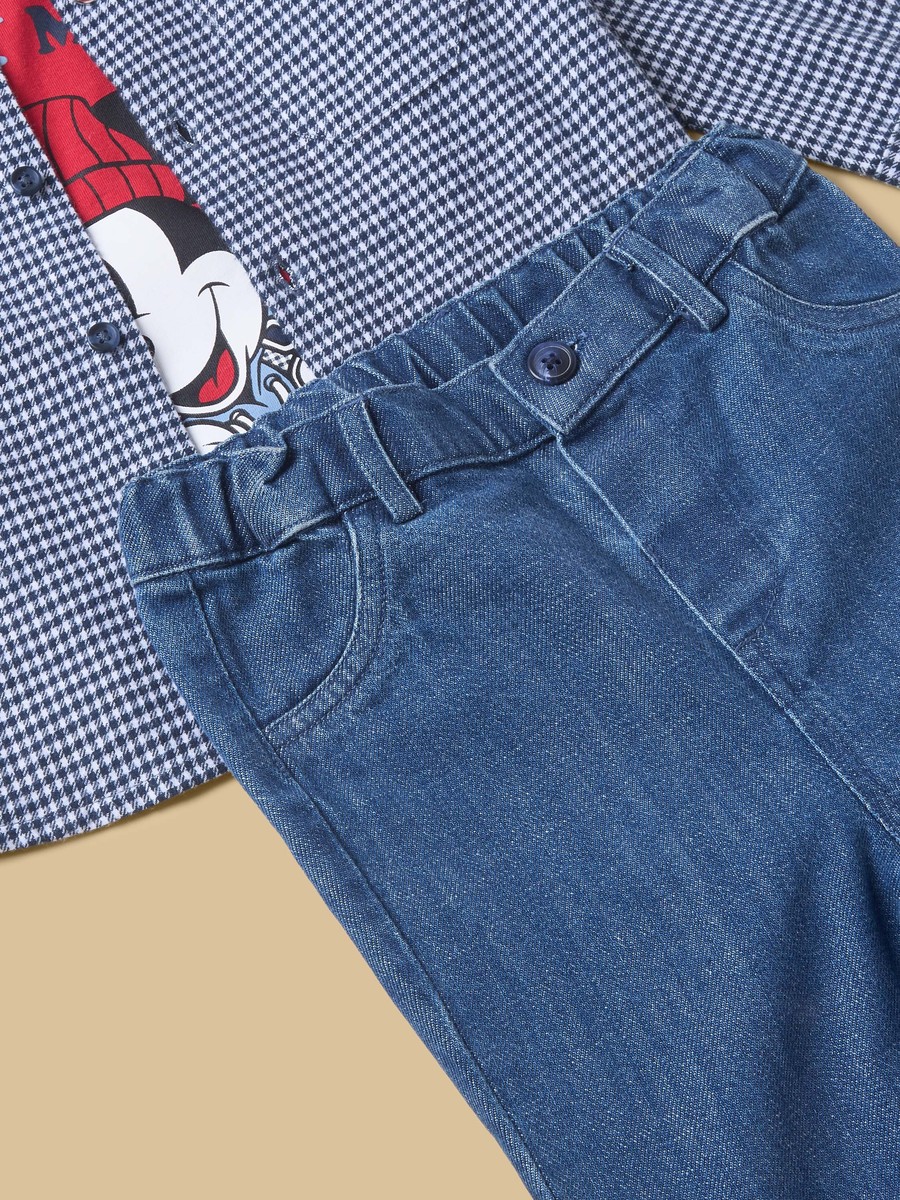 Mickey Mouse Print T-Shirt with Checked Shirt and Jeans