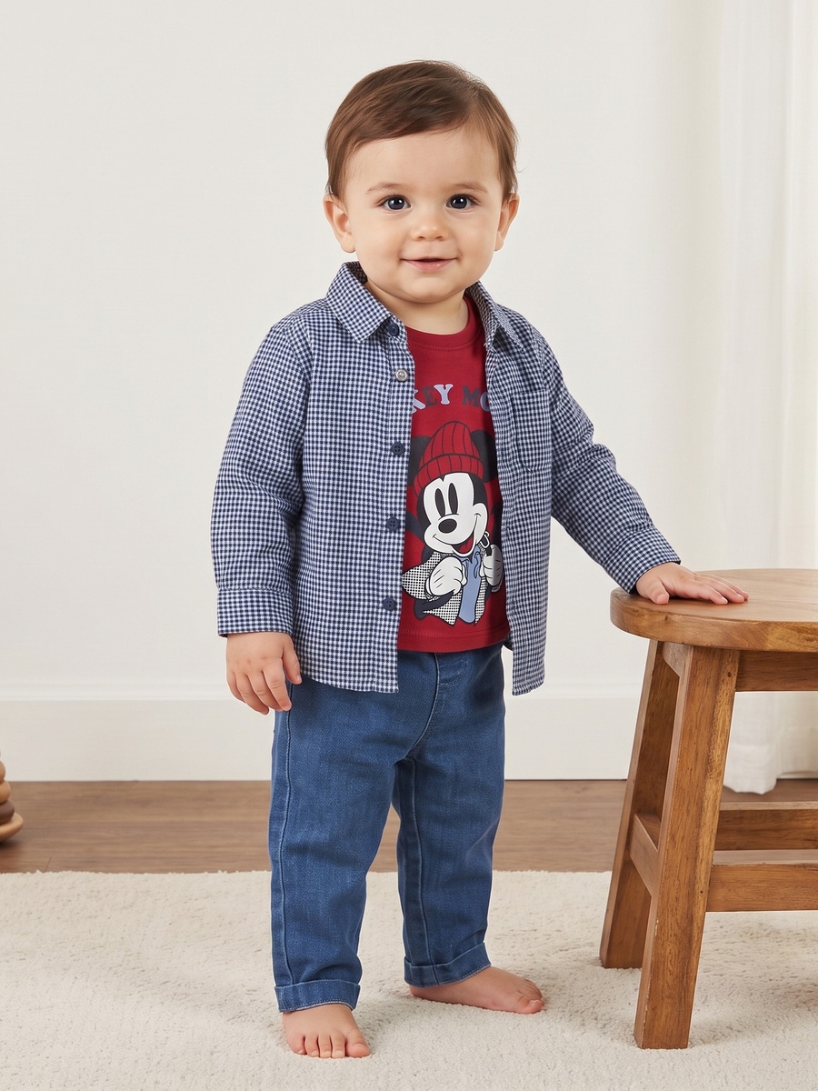 Mickey Mouse Print T-Shirt with Checked Shirt and Jeans
