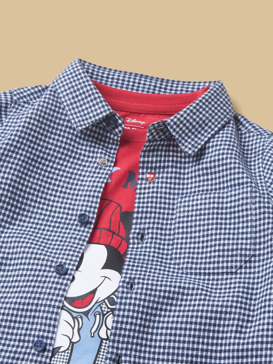 Mickey Mouse Print T-Shirt with Checked Shirt and Jeans