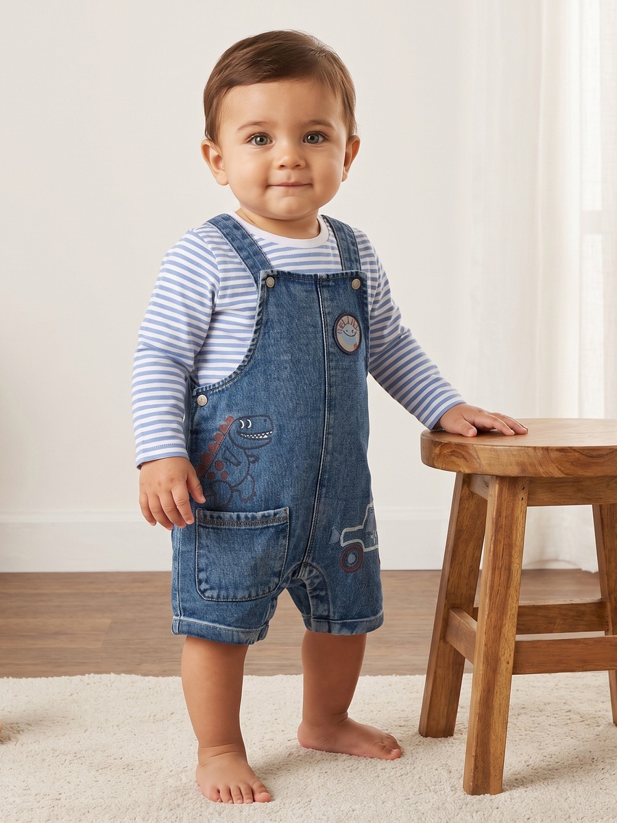 Striped T-Shirt and Embroidered Denim Dungaree Set