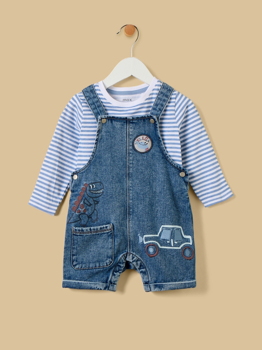 Striped T-Shirt and Embroidered Denim Dungaree Set