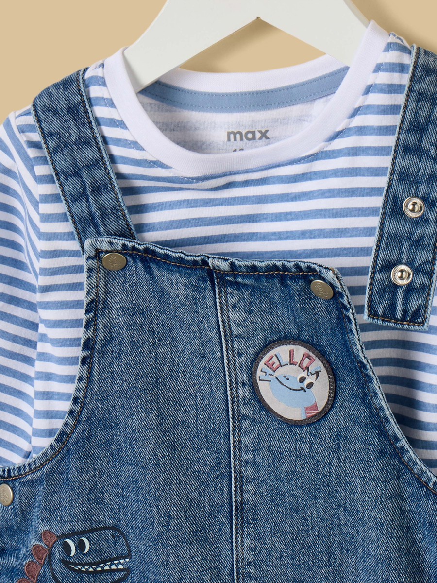 Striped T-Shirt and Embroidered Denim Dungaree Set