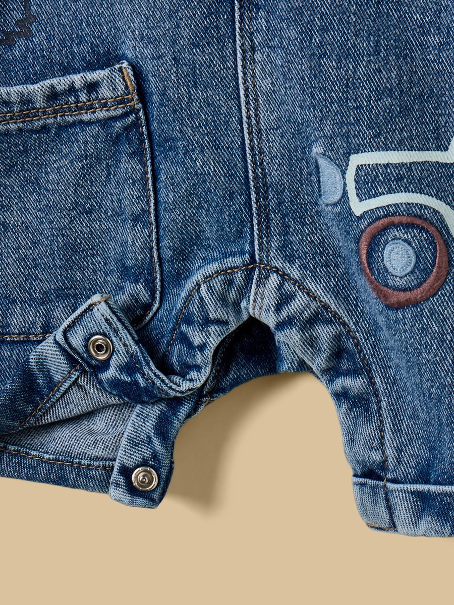 Striped T-Shirt and Embroidered Denim Dungaree Set