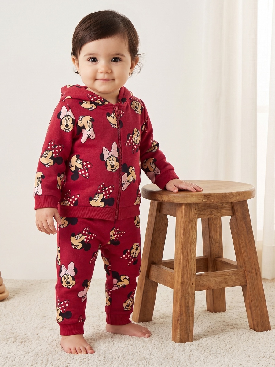 Minnie Mouse Print Cotton Zip Through Hoodie and Joggers Set