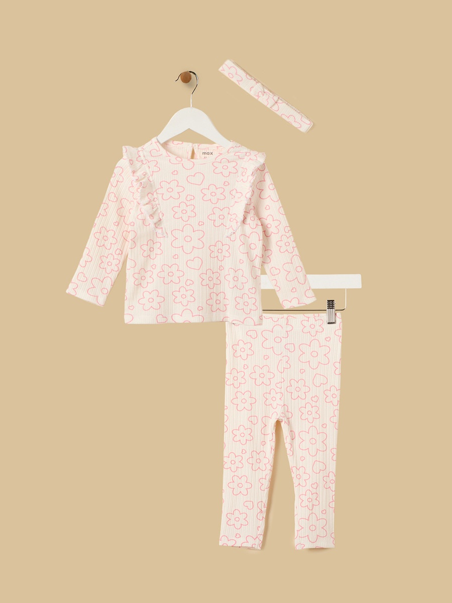 Floral Print Ribbed Cotton Top with Leggings and Headband