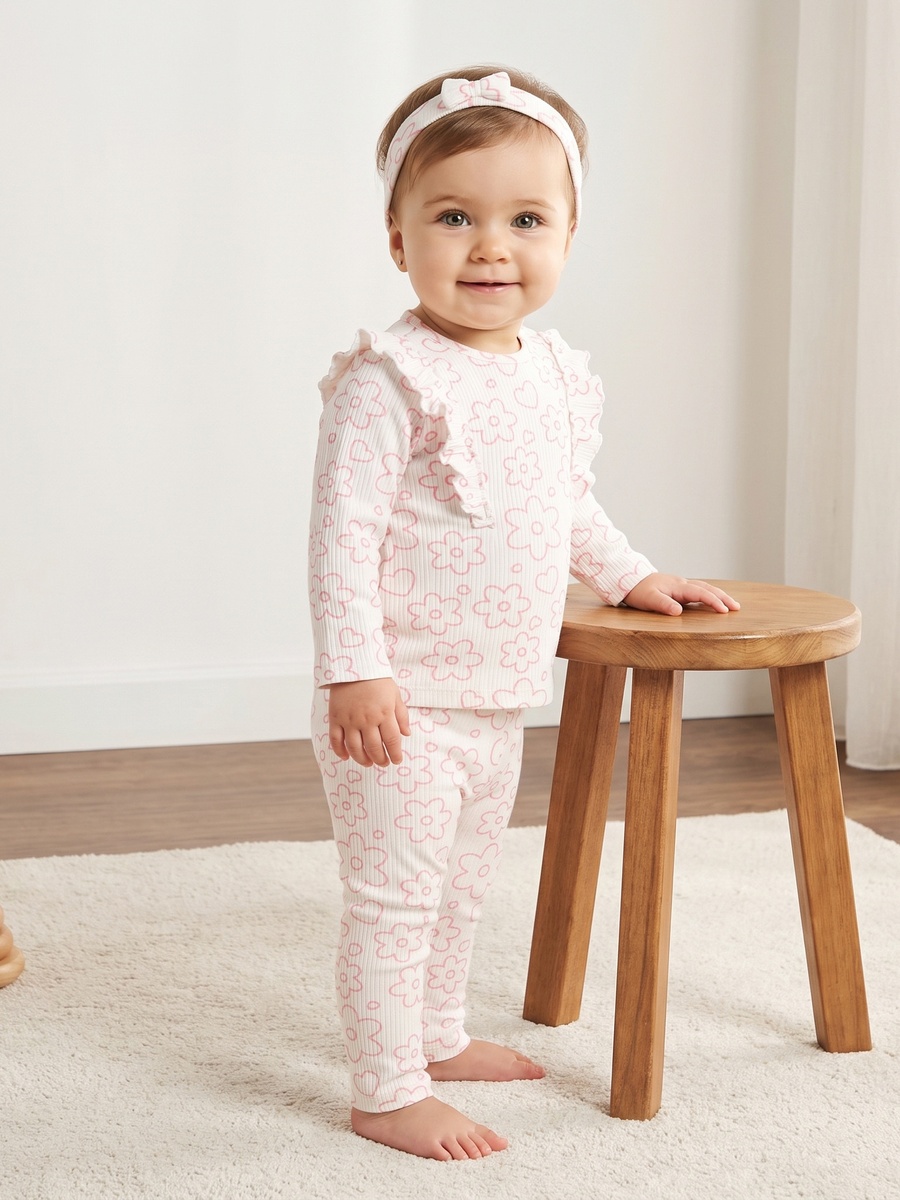 Floral Print Ribbed Cotton Top with Leggings and Headband