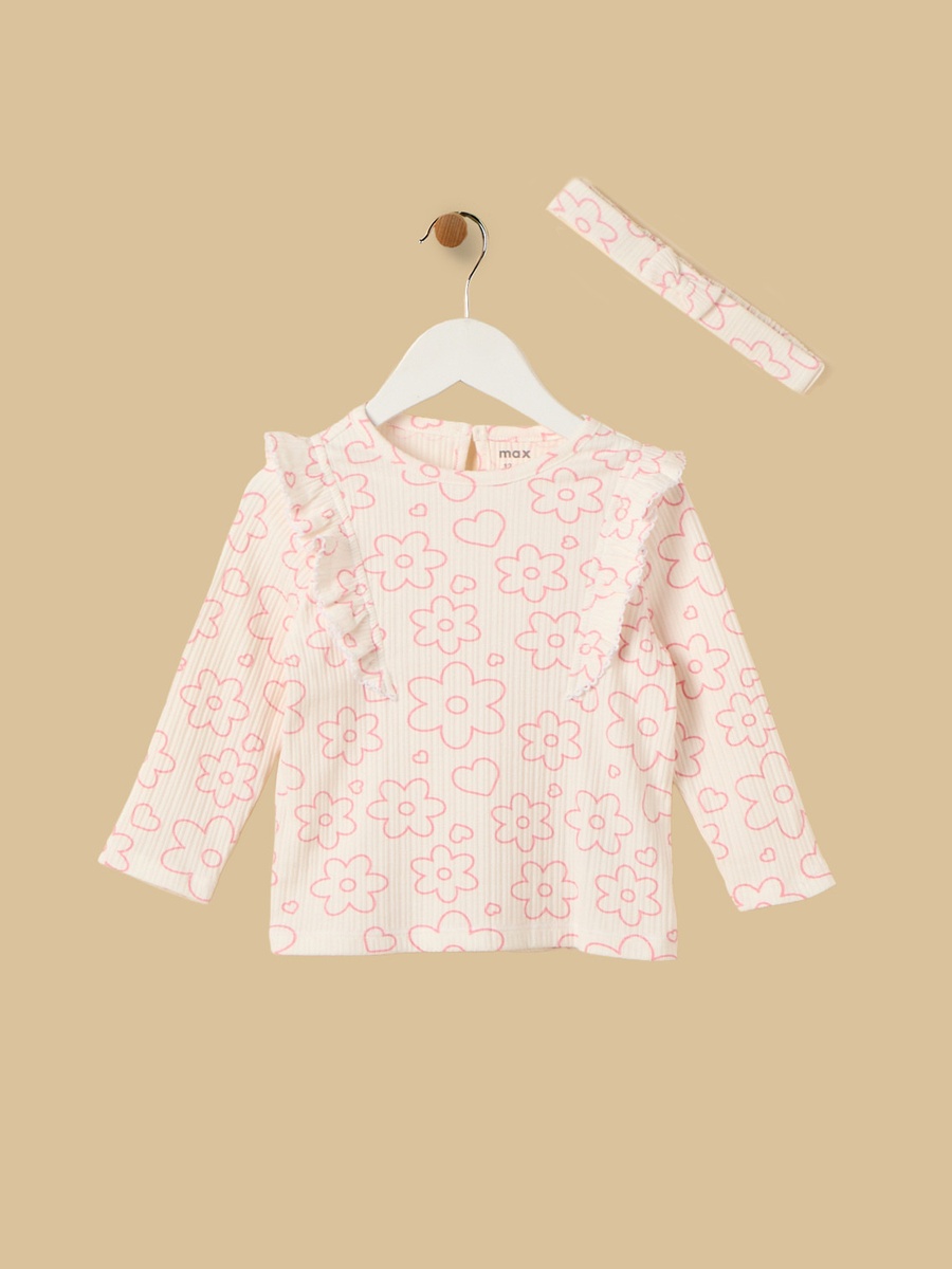 Floral Print Ribbed Cotton Top with Leggings and Headband