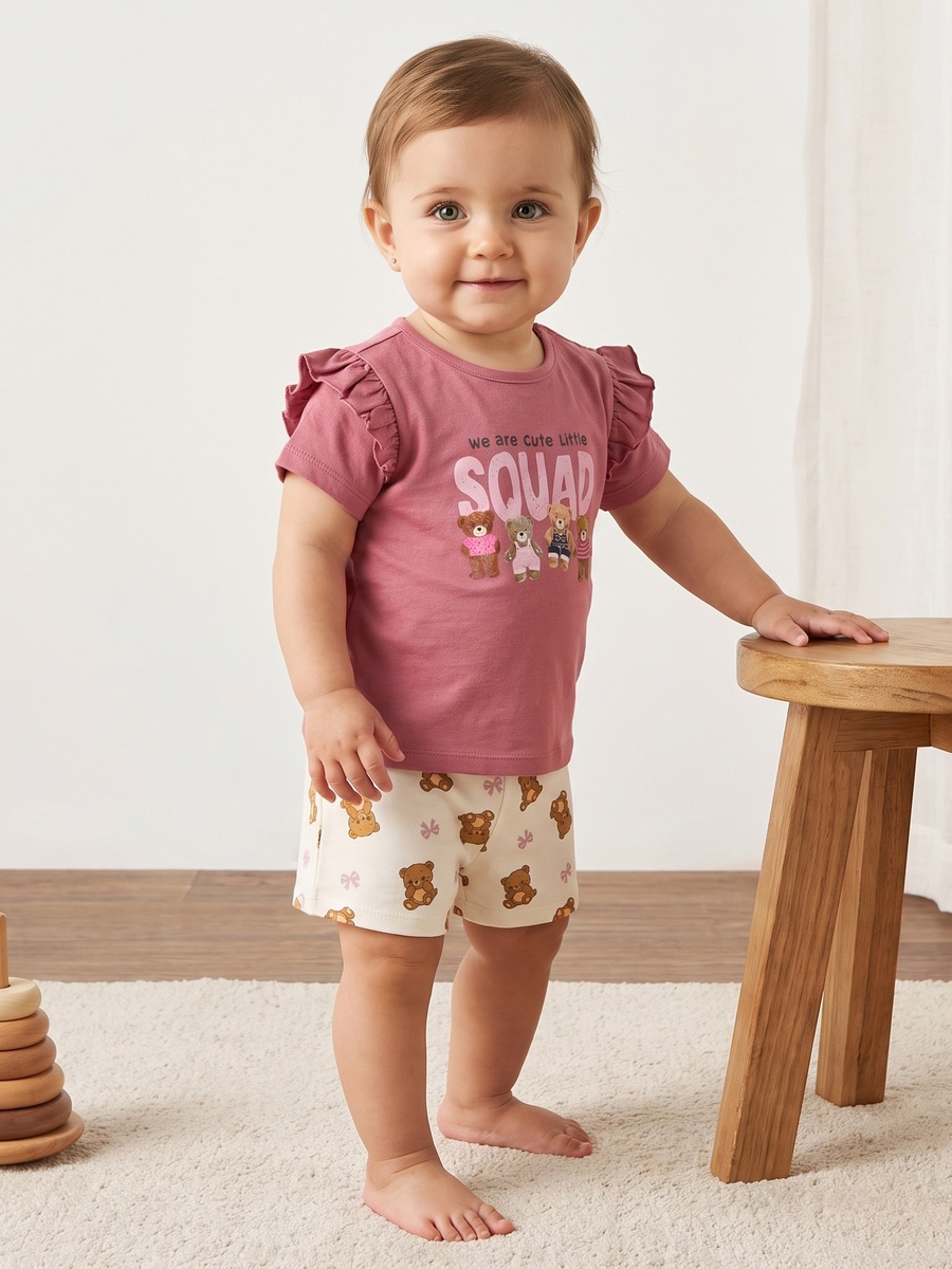Teddy Bear Print T-Shirt and Shorts Set