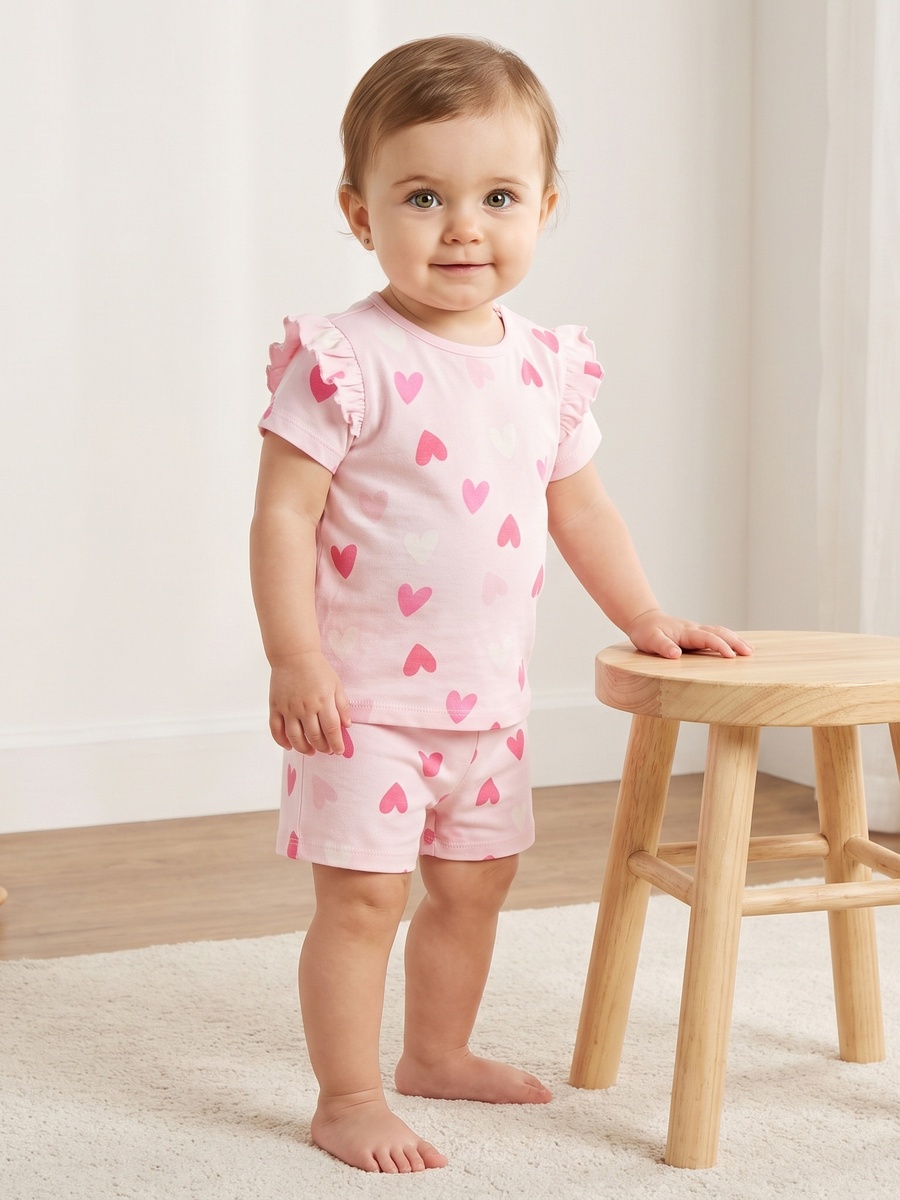 Heart Print Cotton Top and Shorts Set