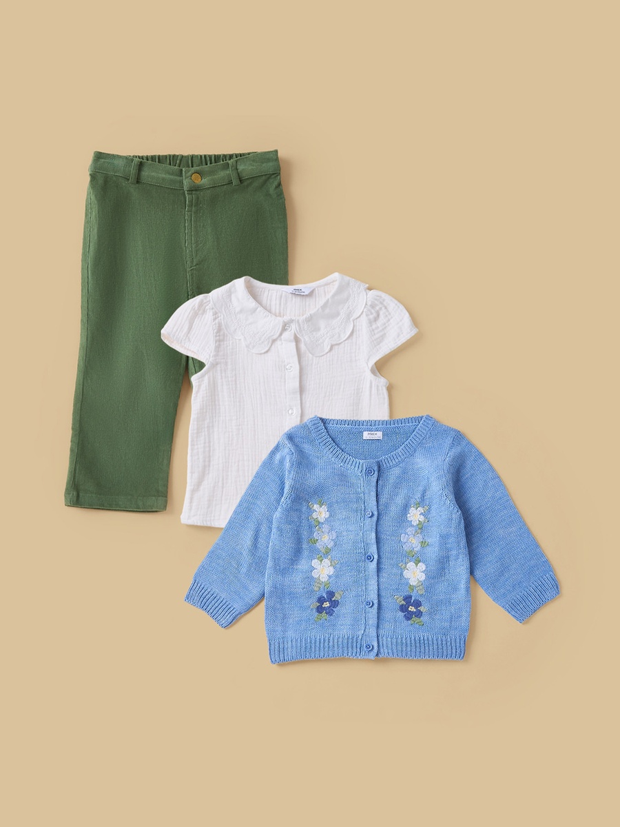 Embroidered Cardigan with Shirt and Pants