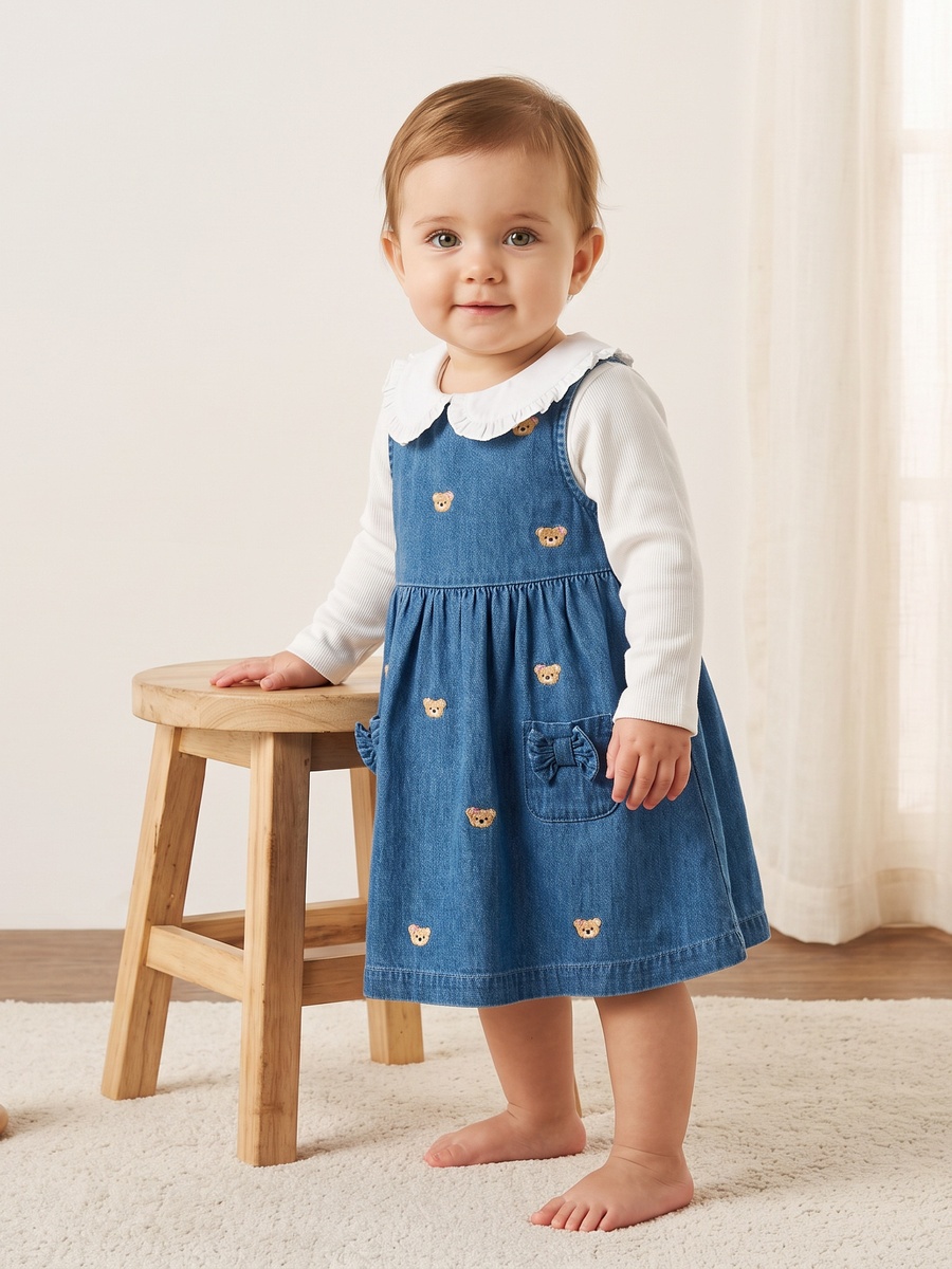 Bear Embroidered Denim Pinafore with Collared Top