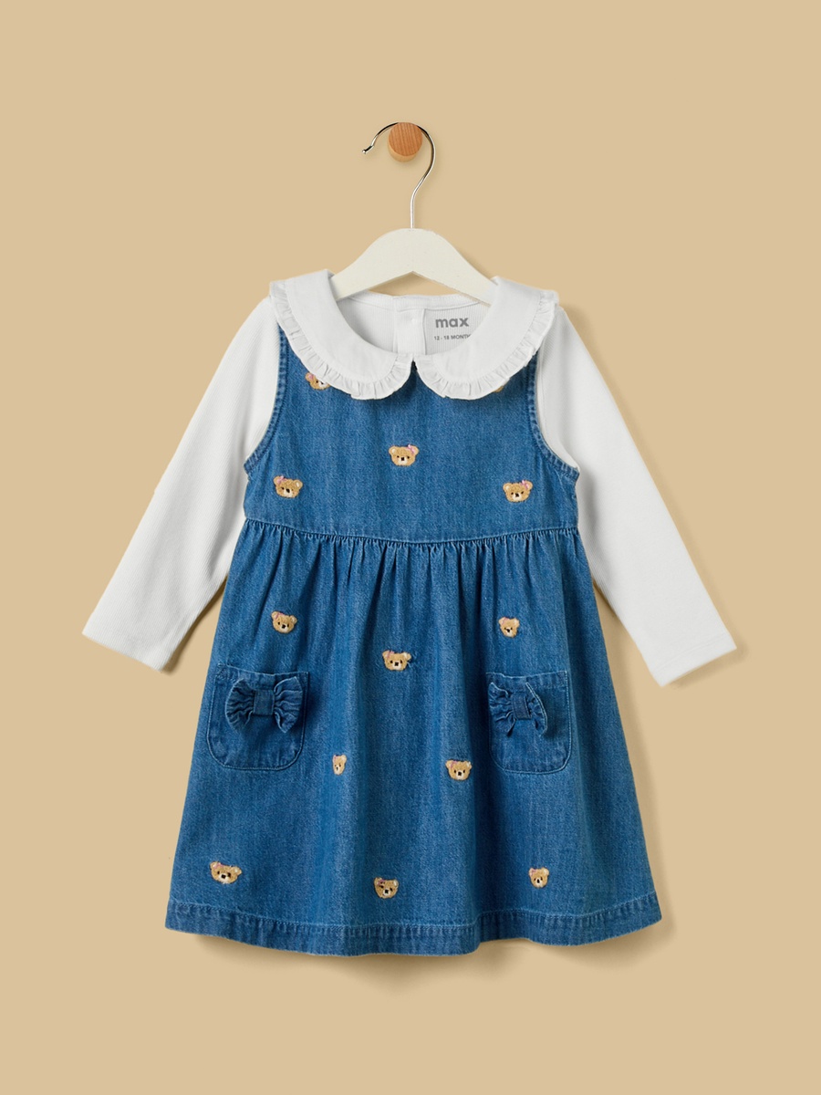 Bear Embroidered Denim Pinafore with Collared Top