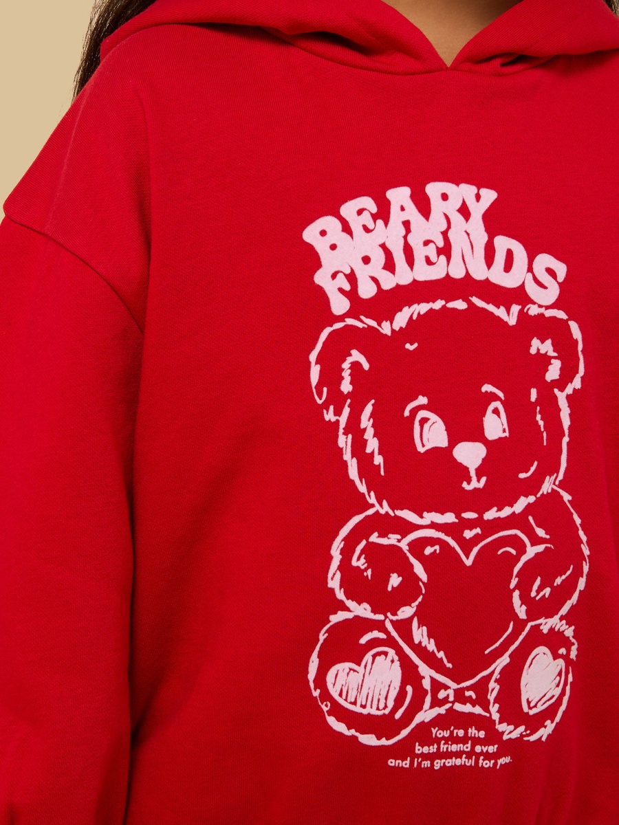 Teddy Bear Print Oversized Hooded Sweatshirt