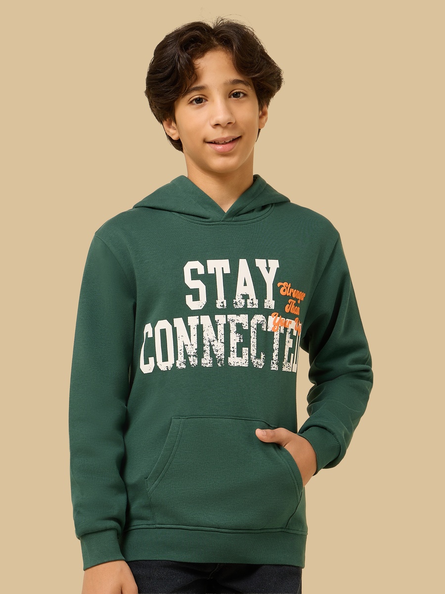 Text Print Hooded Sweatshirt with Kangaroo Pocket
