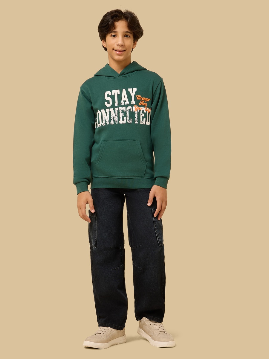 Text Print Hooded Sweatshirt with Kangaroo Pocket