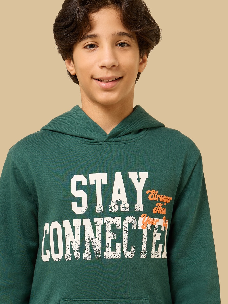 Text Print Hooded Sweatshirt with Kangaroo Pocket