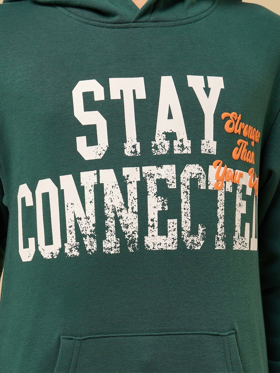 Text Print Hooded Sweatshirt with Kangaroo Pocket