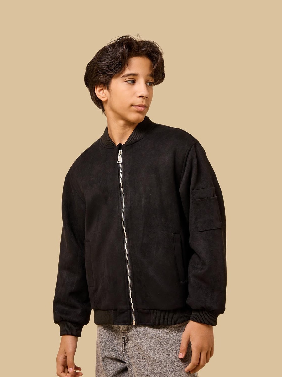 Suede Bomber Jacket with Quilted Lining