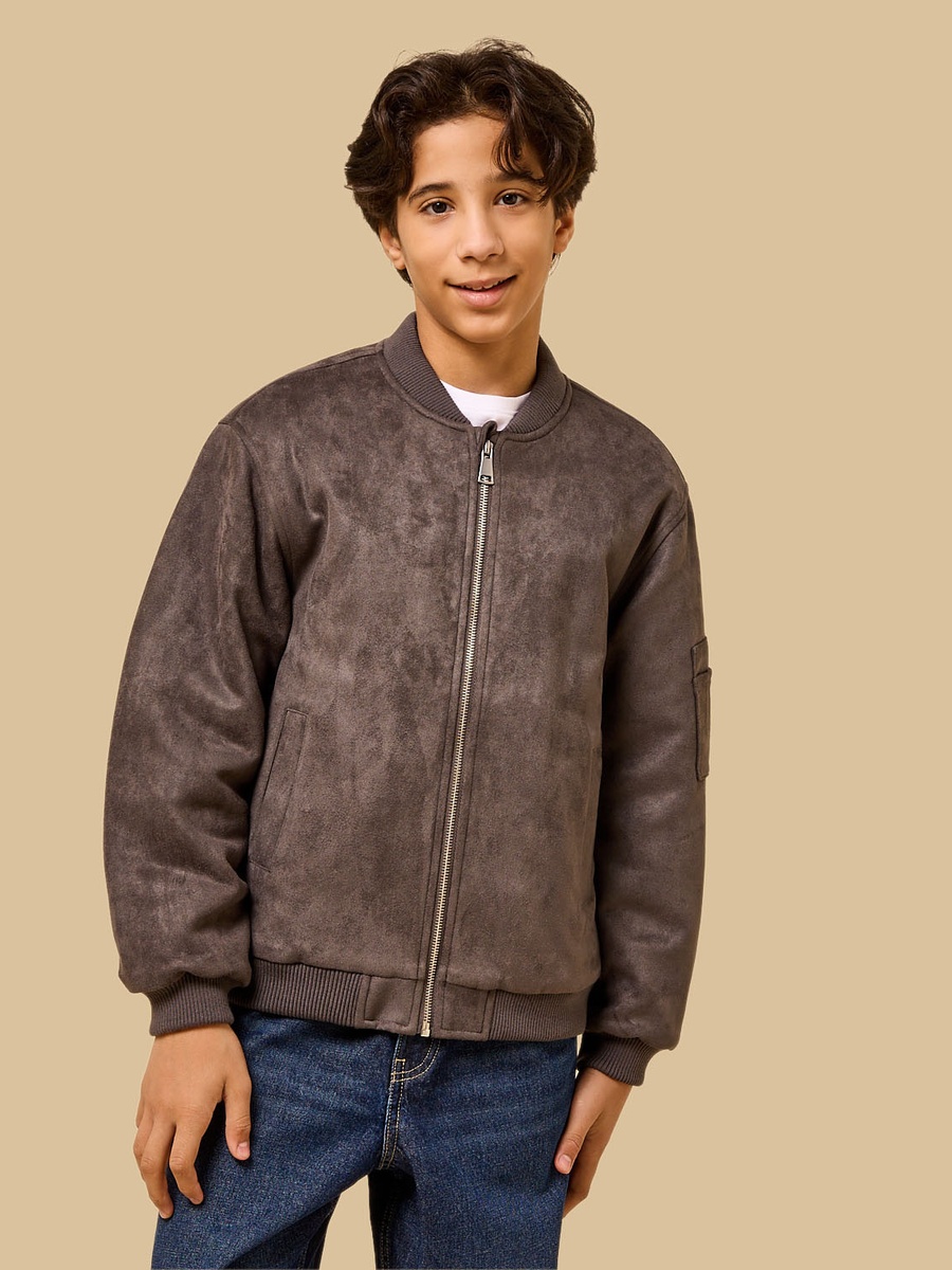 Suede Bomber Jacket with Quilted Lining