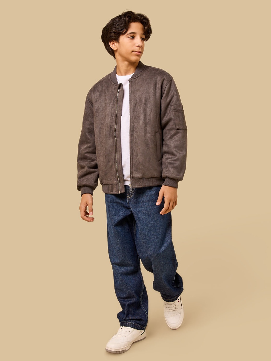 Suede Bomber Jacket with Quilted Lining