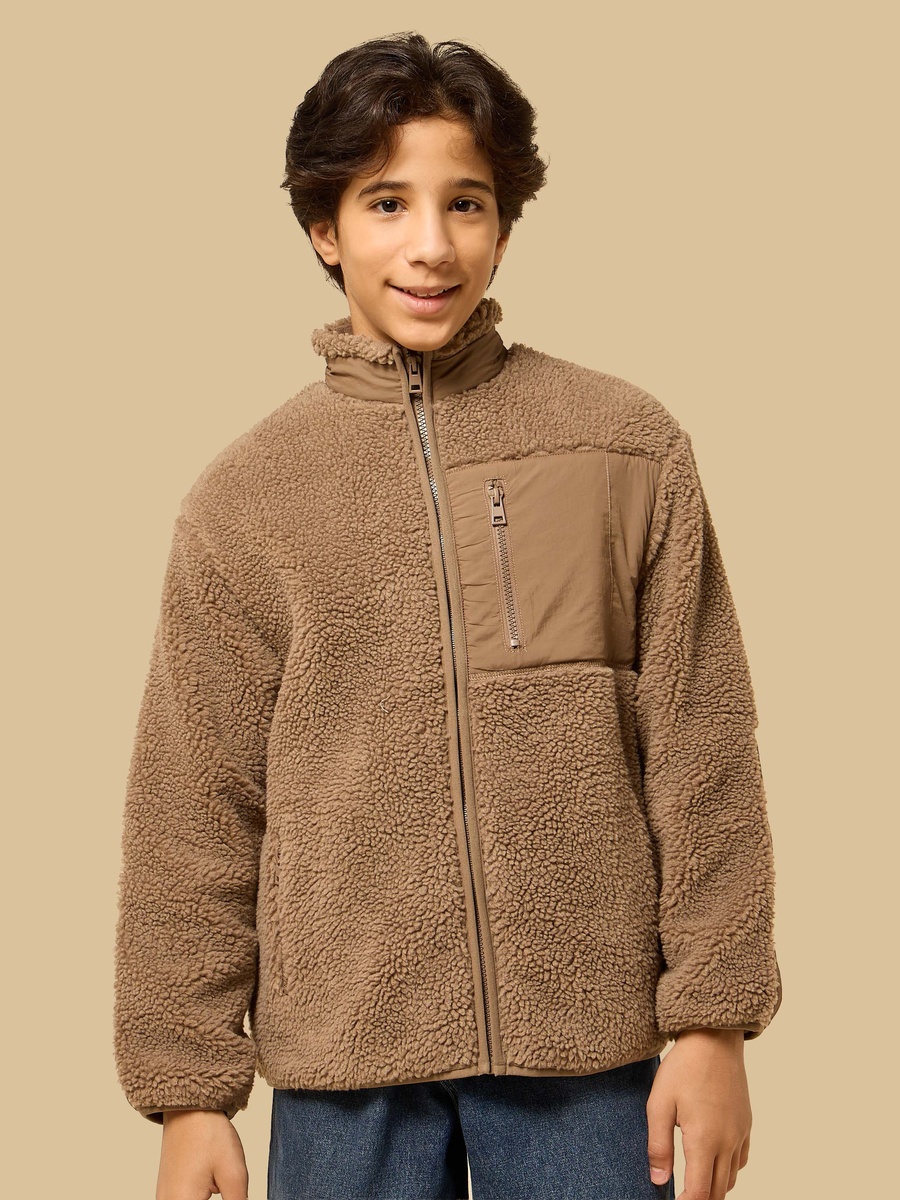 Textured Borg Zip Through Jacket with Fleece Lining