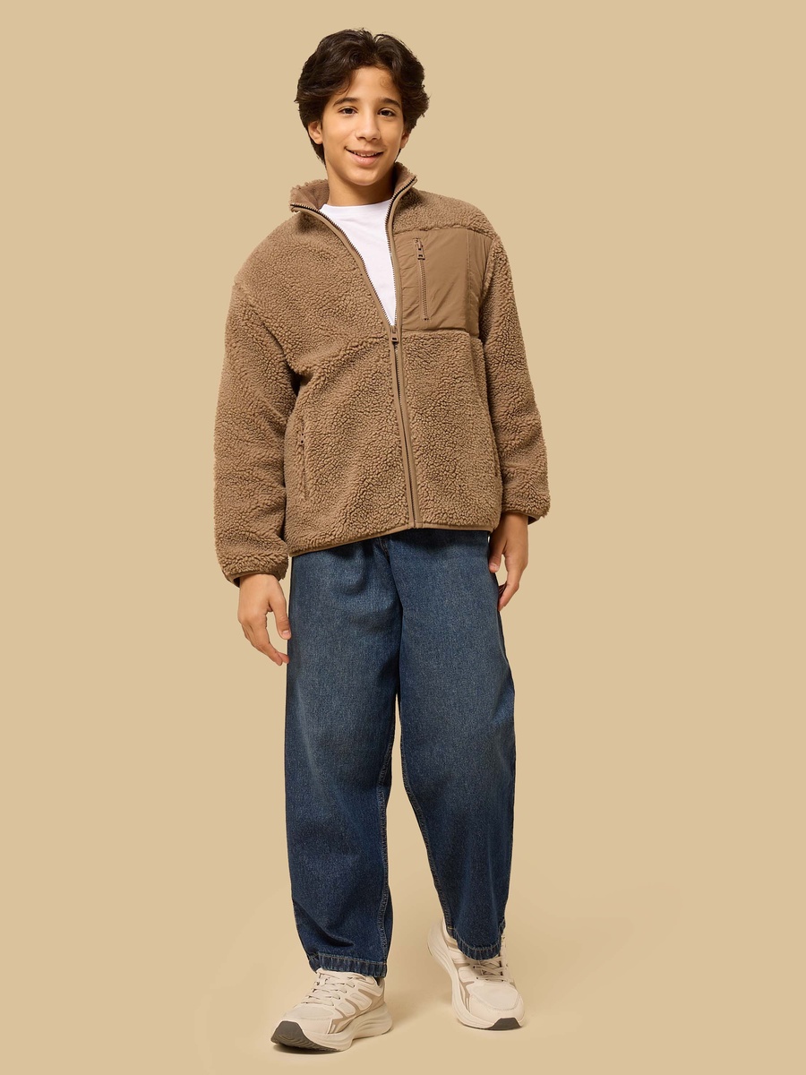 Textured Borg Zip Through Jacket with Fleece Lining