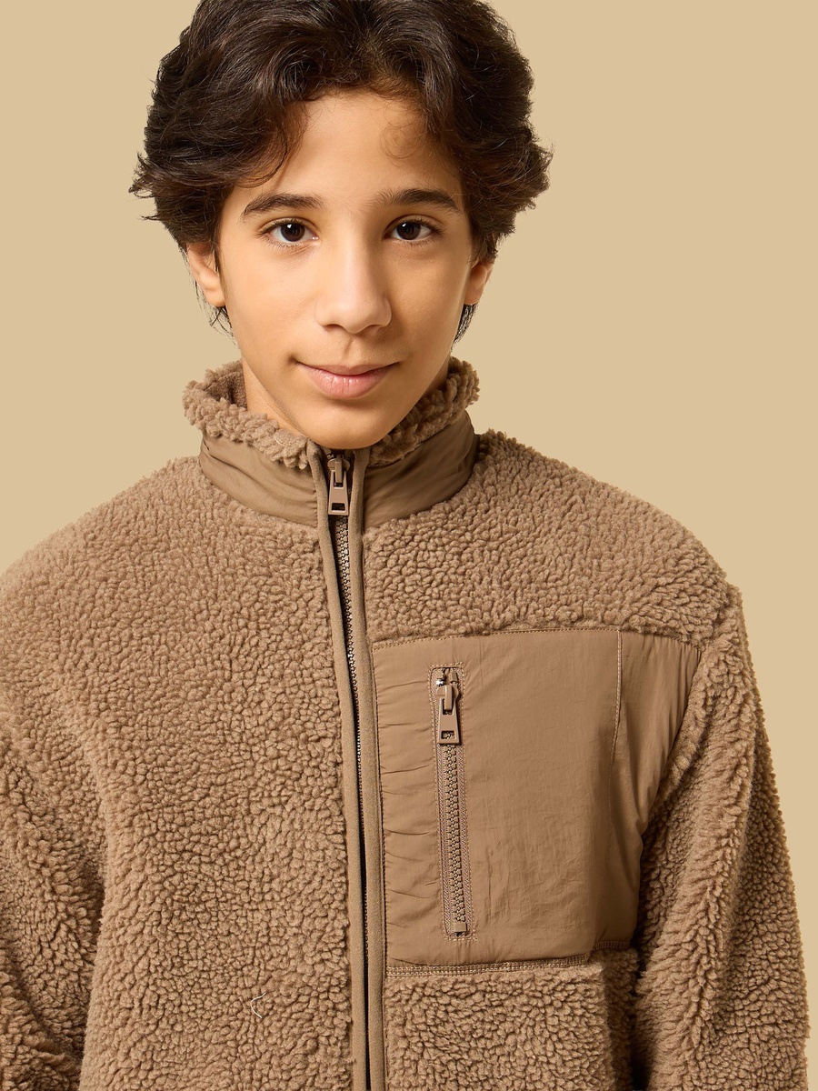Textured Borg Zip Through Jacket with Fleece Lining
