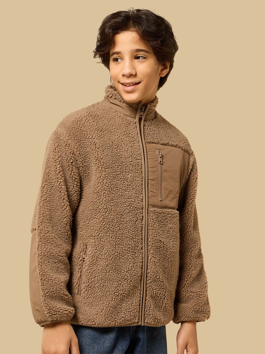 Textured Borg Zip Through Jacket with Fleece Lining