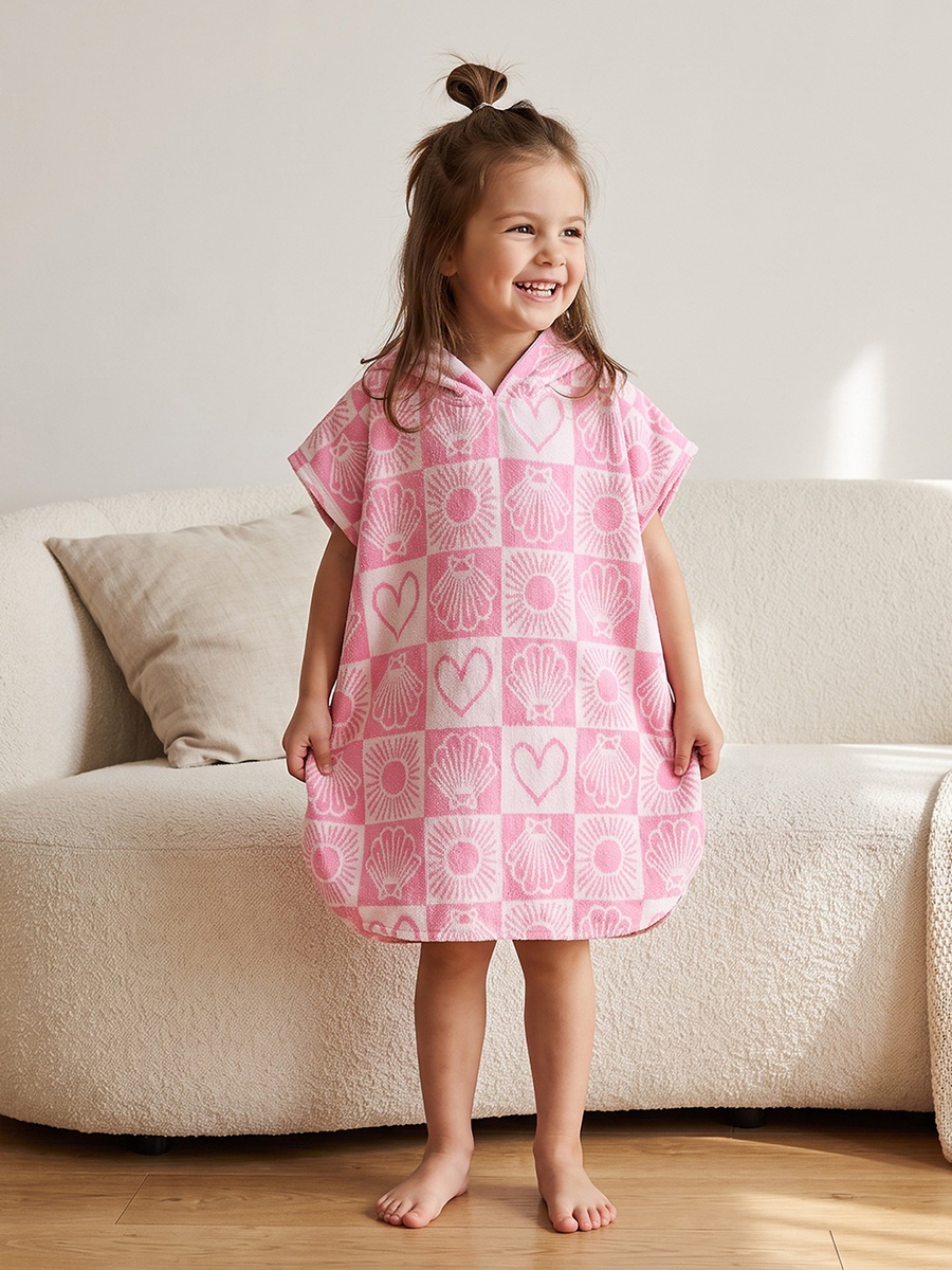 Cotton Hooded Short Sleeves Bathrobe with Tile Print