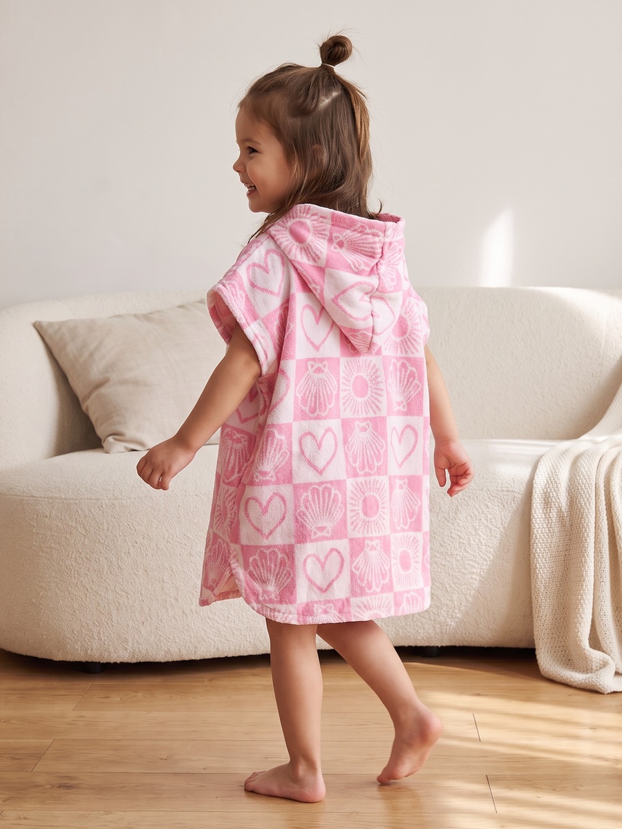 Cotton Hooded Short Sleeves Bathrobe with Tile Print