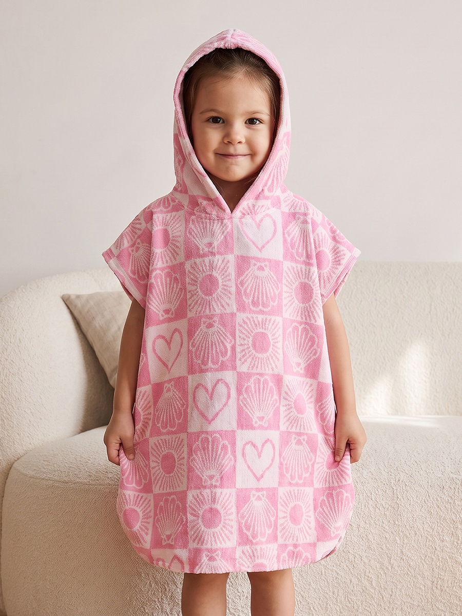 Cotton Hooded Short Sleeves Bathrobe with Tile Print