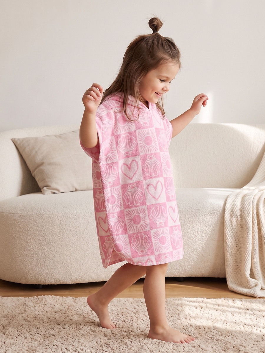 Cotton Hooded Short Sleeves Bathrobe with Tile Print