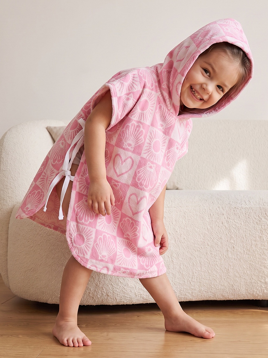 Cotton Hooded Short Sleeves Bathrobe with Tile Print